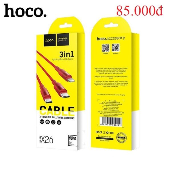 Cáp Hoco X26 3 in 1 (Lightning/ Micro USB/ Type C) (Đỏ)