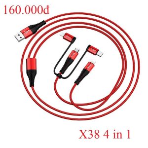 Cáp Hoco X38 4 in 1 (2 x Lightning/ Micro USB/ Type C) (Đỏ - Đen)
