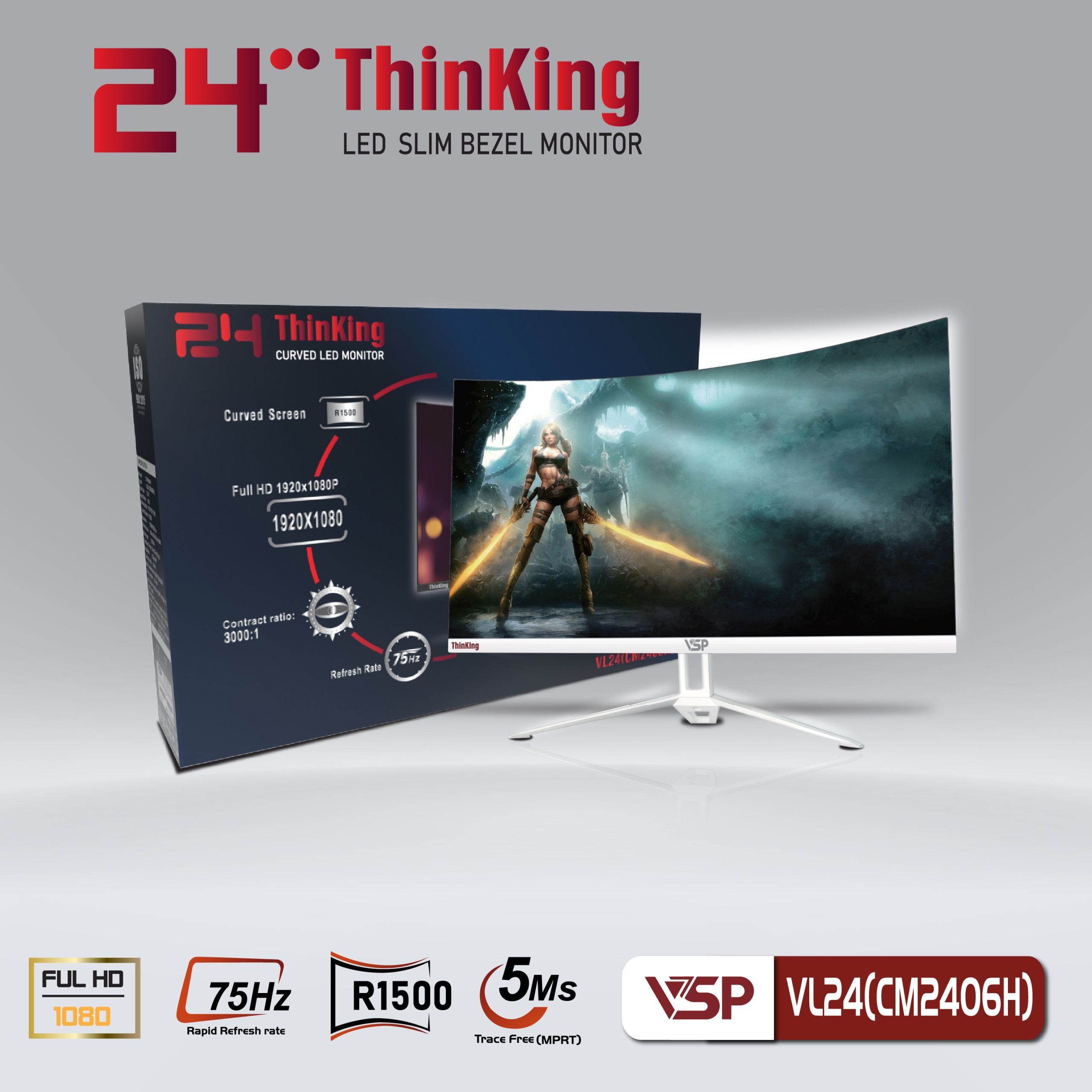 Màn hình VSP 24" VL24(CM2406H) Màn Cong Full Viền 75hz Trắng