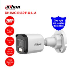 Camera Bullet 2MP HDCVI Dahua DH-HAC-B1A21P-U-IL-A, tích hợp mic, đèn LED trợ sáng 20m