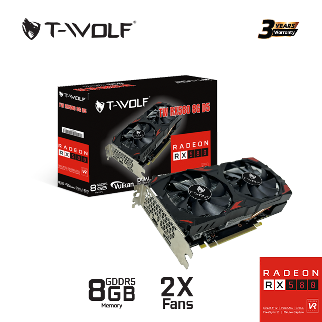 Card màn hình VGA T-WOLF RX580 8GB 2 Fan Black