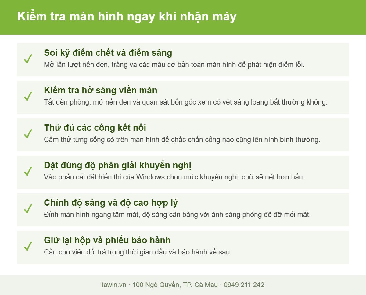 Danh sách kiểm tra màn hình máy tính mới gồm điểm chết, hở sáng, cổng kết nối và độ phân giải