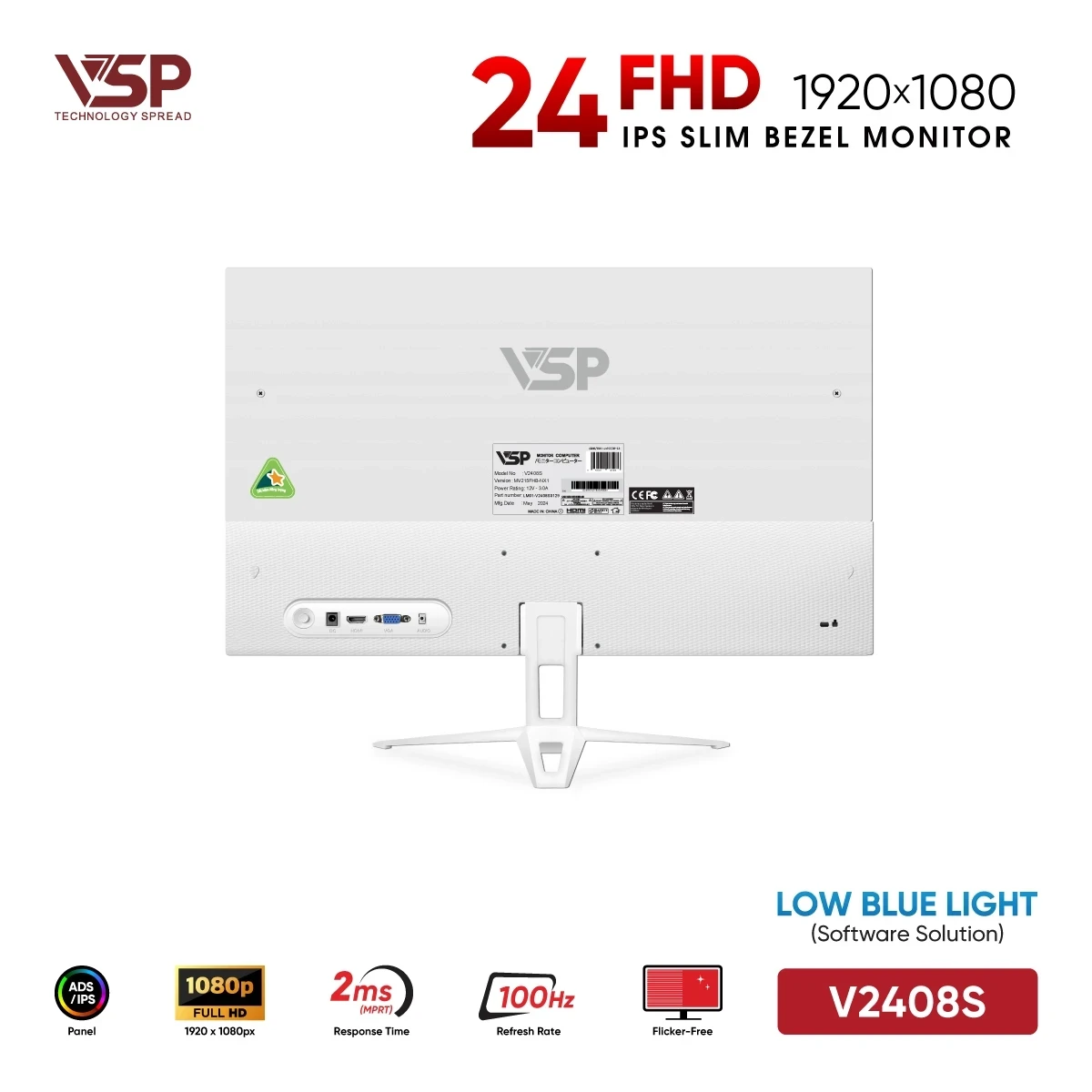 Màn hình VSP V2408S White 100Hz mặt lưng và chân đế