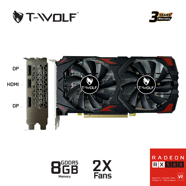 T-WOLF RX580 8GB 2 Fan Black khe cắm PCIe 3.0 x16