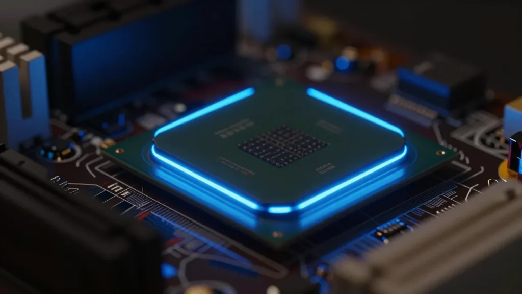 Chip xử lý phát sáng trên bo mạch minh hoạ cho AI chạy cục bộ trên máy tính