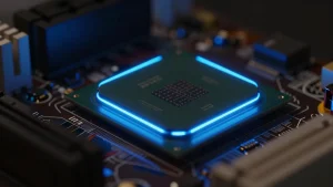 Chip xử lý phát sáng trên bo mạch minh hoạ cho AI chạy cục bộ trên máy tính