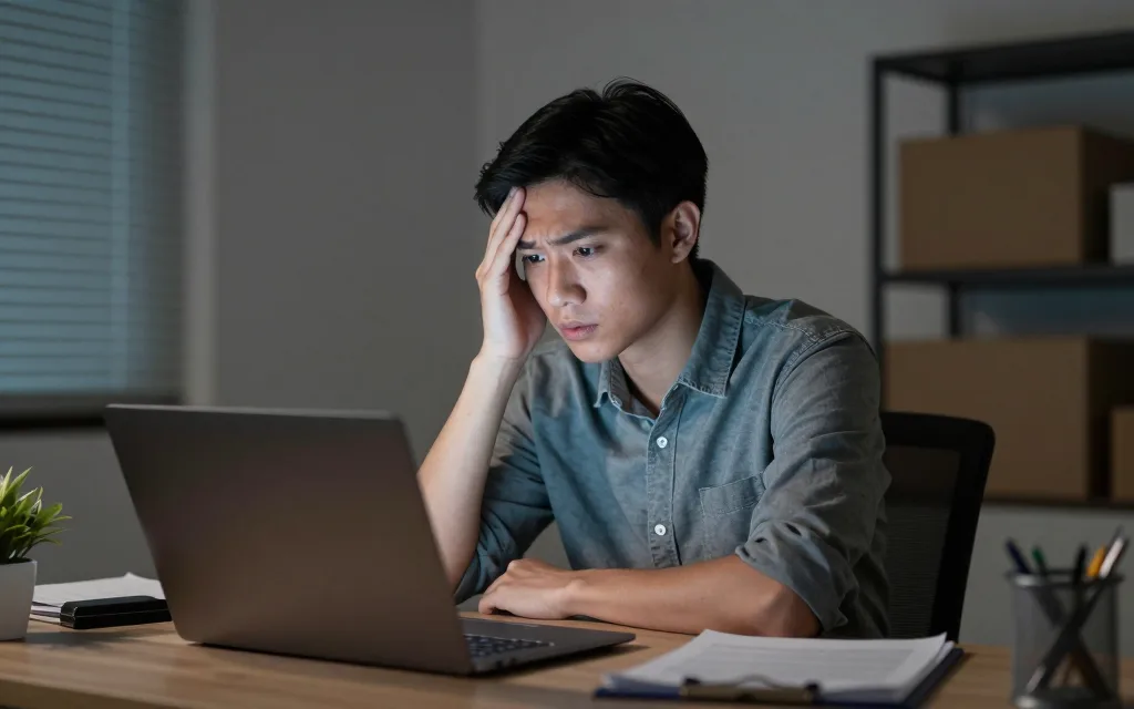 Chủ cửa hàng kiểm tra cảnh báo bảo mật trên máy tính vào buổi tối