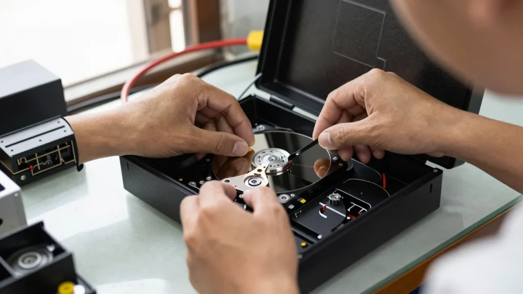 Kỹ thuật viên lắp ổ cứng vào đầu ghi camera tại cửa hàng