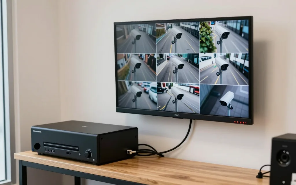 Đầu ghi camera và màn hình xem lại trong phòng kỹ thuật của cửa hàng