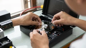 Kỹ thuật viên lắp ổ cứng vào đầu ghi camera tại cửa hàng