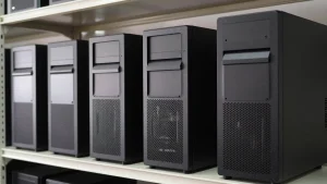 Nhiều mẫu vỏ case máy tính trưng bày trên kệ tại cửa hàng máy tính