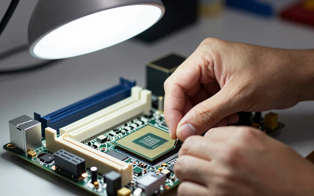 Cận cảnh gắn chip xử lý vào bo mạch chủ, minh hoạ cách đọc tên CPU Intel và AMD