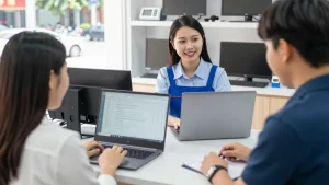 Nhân viên tư vấn chọn laptop theo cấu hình CPU cho khách tại cửa hàng
