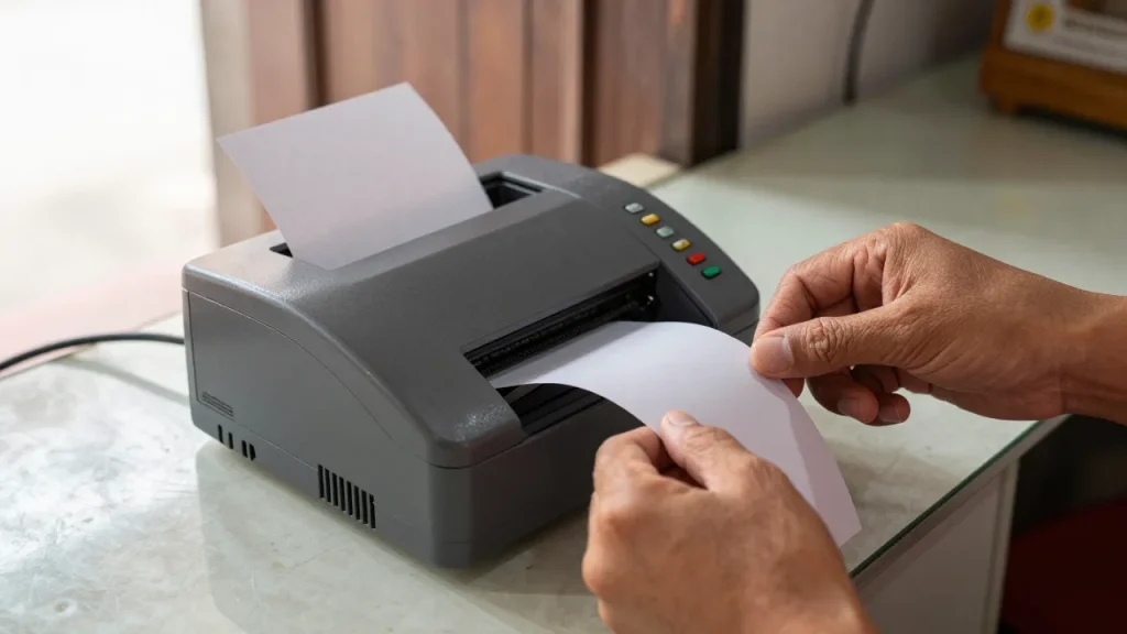 Máy in bill in hóa đơn giấy nhiệt tại quầy thu ngân cửa hàng