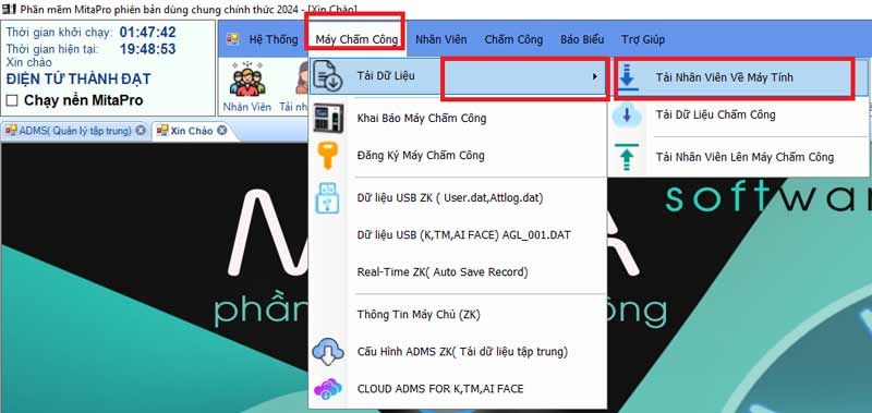 Menu Máy chấm công - Tải dữ liệu - Tải nhân viên về máy tính MitaPro New