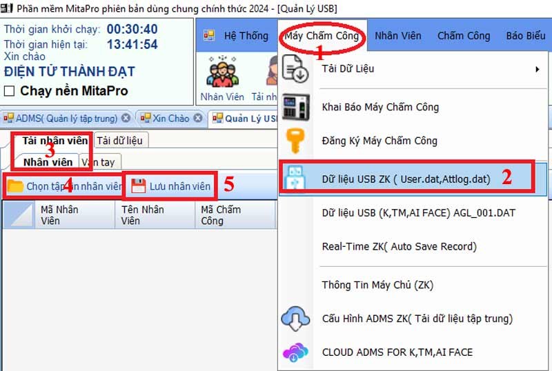 Menu Dữ liệu USB ZK và tab Tải nhân viên trên MitaPro New
