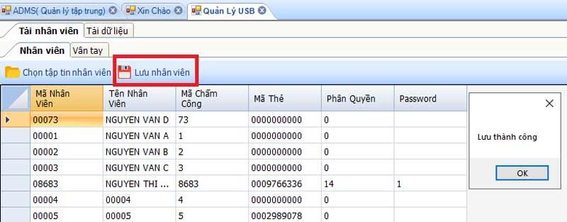 Lưu nhân viên từ USB vào phần mềm MitaPro New thành công