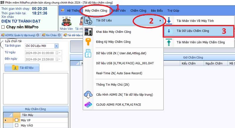 Menu Máy chấm công - Tải dữ liệu - Tải dữ liệu chấm công MitaPro New