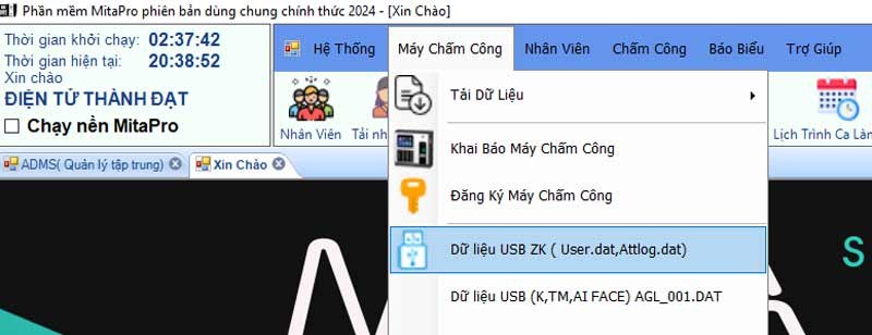 Menu Dữ liệu USB ZK (User.dat, Attlog.dat) trên MitaPro New