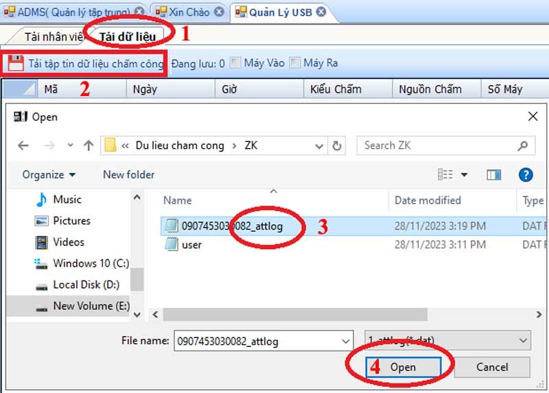 Chọn tập tin attlog trên USB để tải dữ liệu chấm công MitaPro New