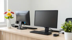 Máy tính all-in-one gọn gàng trên quầy lễ tân văn phòng nhỏ