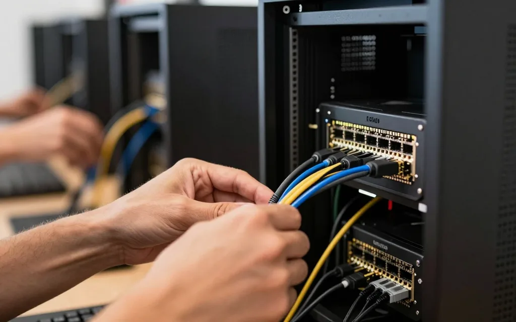 Đi dây mạng và dây điện gọn gàng phía sau dàn máy phòng net