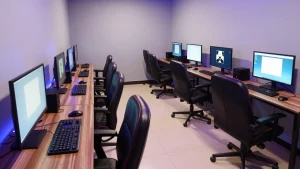 Phòng máy chơi game với nhiều máy tính để bàn xếp thành hàng