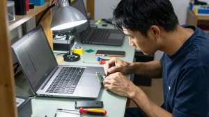 Kỹ thuật viên nâng cấp RAM và SSD cho laptop cũ tại cửa hàng ở Cà Mau