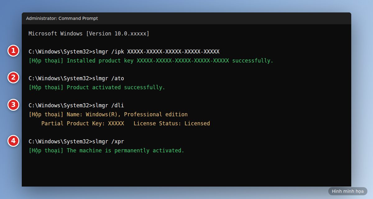 Command Prompt quyền Administrator chạy lệnh slmgr /ipk, /ato, /dli, /xpr