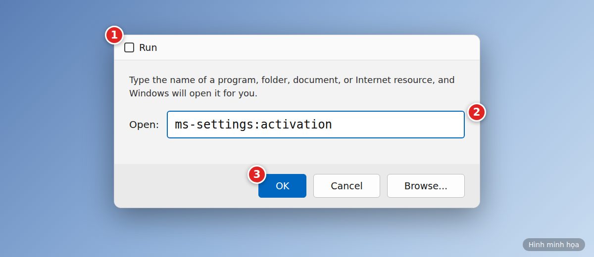 Hộp thoại Run nhập lệnh ms-settings:activation để mở mục Activation
