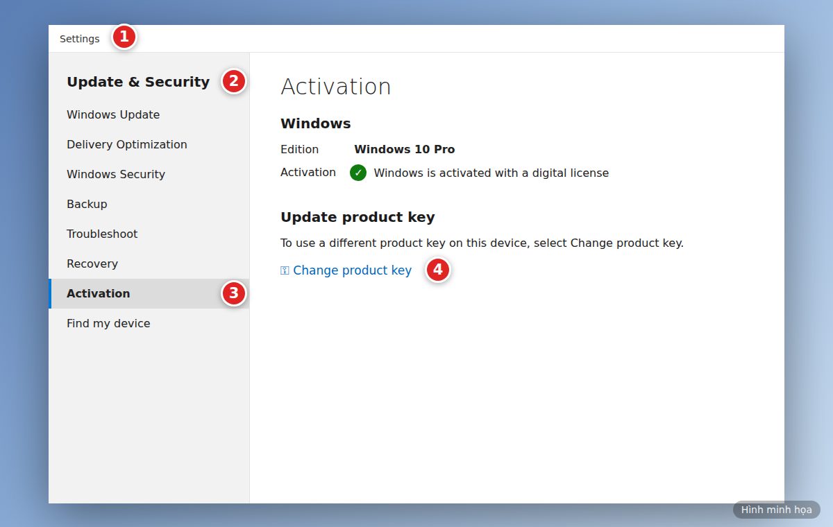 Windows 10: Settings, Update & Security, Activation, Change product key
