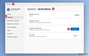 Windows 11: Settings, System, Activation, nút Change để đổi key