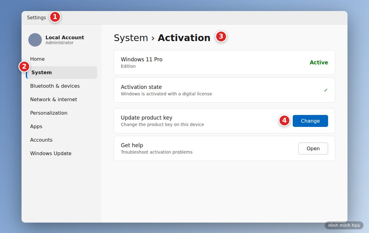 Windows 11: Settings, System, Activation, nút Change để đổi key