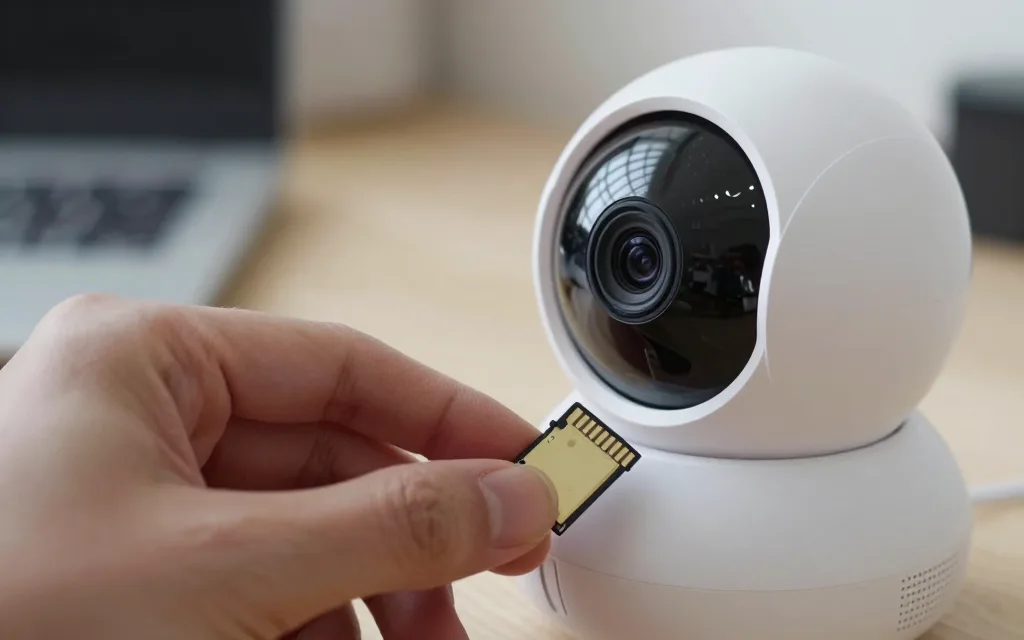 Gắn thẻ nhớ vào khe thẻ của camera wifi đúng cách