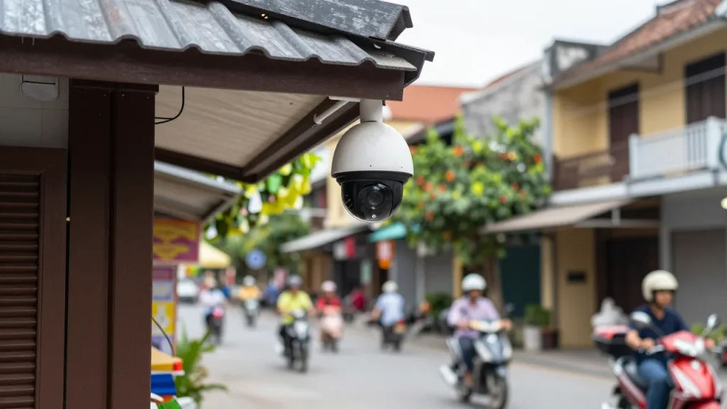 Camera an ninh gắn trước mặt tiền cửa hàng tại Cà Mau
