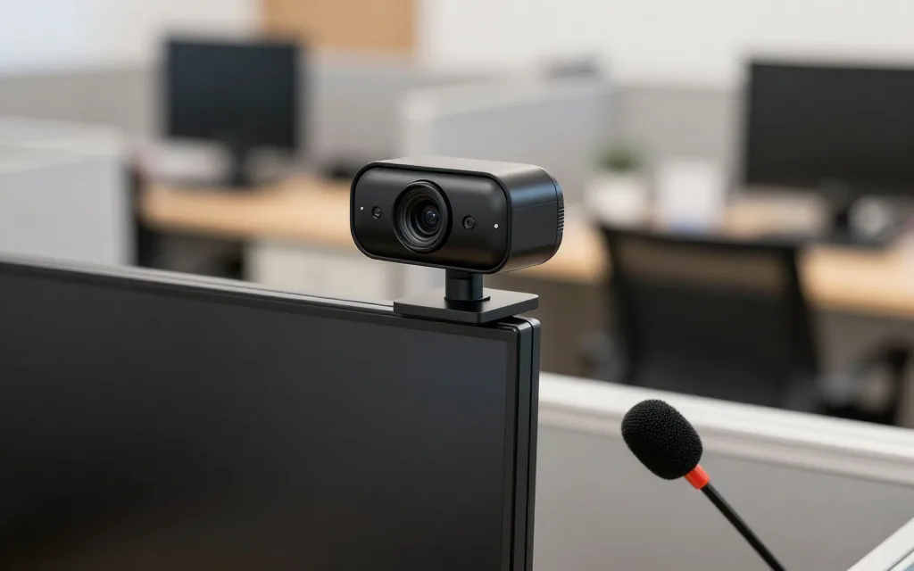Cận cảnh webcam và micro để bàn dùng cho họp trực tuyến