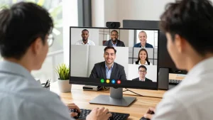 Nhân viên văn phòng nhỏ họp trực tuyến bằng webcam gắn trên màn hình