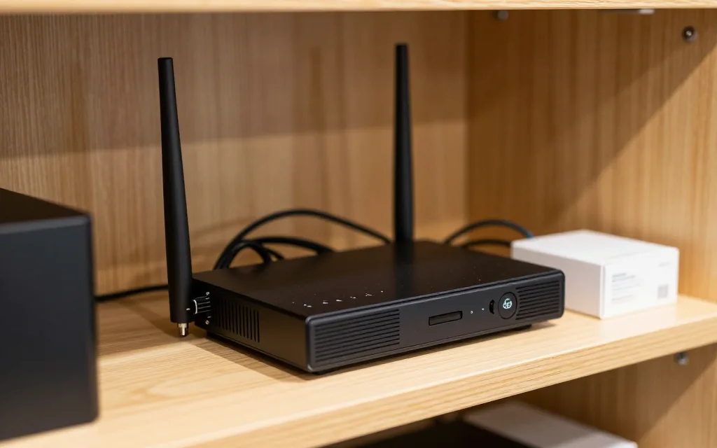 Router WiFi và đầu ghi camera đặt trên kệ trong cửa hàng